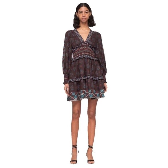 NWT SEA NY Ellabeth Size 8 Boho V-Neck Brown Cotton Blend Long Sleeve Dress  New - Picture 1 of 16